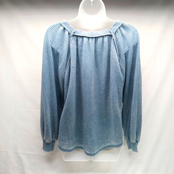 American Rag Lightweight Distressed Waffle Knit Square Neck Baloon Sleeve Top M. - Picture 2 of 9